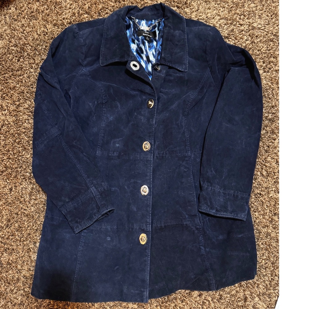 Blue Suede Leather Jacket Coat XL Abstract Lining Dennis Basso Navy